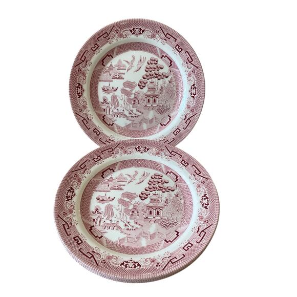 Queen's England WILLOW ROSA Porcelain Dinner Plates 10in Red White Set of 4 New - Picture 2 of 15
